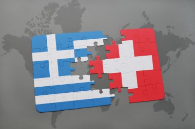 Yunanistan ve İsviçre ulusal bayrak dünya harita arka plan üzerinde ile bulmaca.