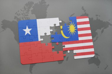 bir dünya haritası arka plan üzerinde şili ve Malezya ulusal bayrağı ile bulmaca.