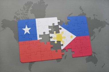 bir dünya haritası arka plan üzerinde şili ve Filipinler ulusal bayrağı ile bulmaca.