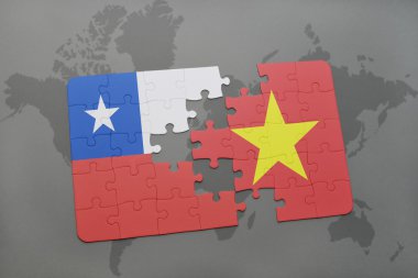 bir dünya haritası arka plan üzerinde şili ve Vietnam ulusal bayrağı ile bulmaca.