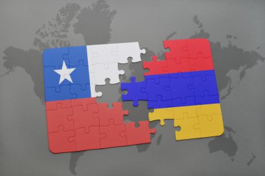 bir dünya haritası arka plan üzerinde şili ve ermenistan ulusal bayrağı ile bulmaca.