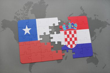 bir dünya haritası arka plan üzerinde şili ve hırvatistan ulusal bayrağı ile bulmaca.