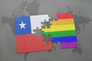 bir dünya haritası arka plan üzerinde şili ve eşcinsel gökkuşağı bayrağı ulusal bayrağı ile bulmaca.