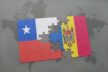 bir dünya haritası arka plan üzerinde şili ve moldova ulusal bayrağı ile bulmaca.