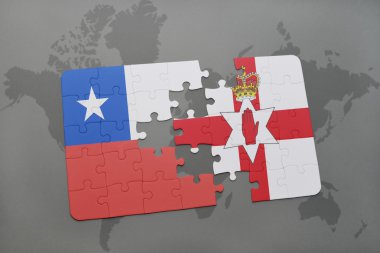 bir dünya haritası arka plan üzerinde şili ve kuzey İrlanda ulusal bayrağı ile bulmaca.