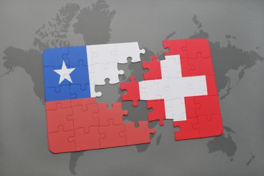 bir dünya haritası arka plan üzerinde şili ve İsviçre ulusal bayrağı ile bulmaca.