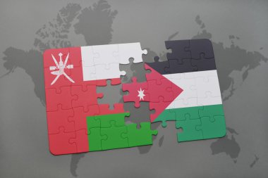 bir dünya haritası arka plan üzerinde umman ve ürdün ulusal bayrağı ile bulmaca.