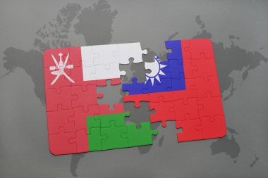 bir dünya haritası arka plan üzerinde umman ve Tayvan ulusal bayrağı ile bulmaca.