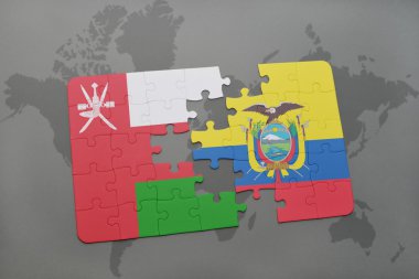 bir dünya haritası arka plan üzerinde umman ve ekvador ulusal bayrağı ile bulmaca.