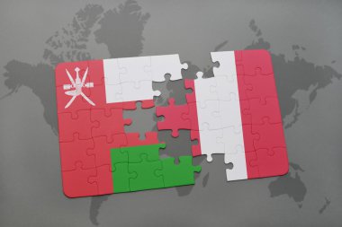 Umman ve peru ulusal bayrak dünya harita arka plan üzerinde ile bulmaca.