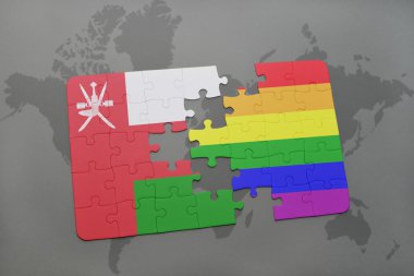 Umman bayrağı ve dünya harita arka plan üzerinde gay Gökkuşağı bayrağı ile bulmaca.