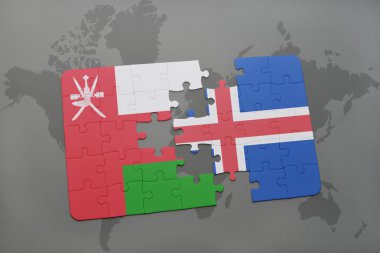 Umman ve İzlanda dünya harita arka plan üzerinde bayrağı ile bulmaca.