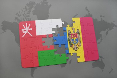 Umman ve dünya harita arka plan üzerinde moldova bayrağı ile bulmaca.
