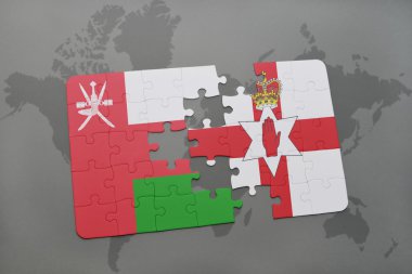Umman ve Kuzey İrlanda ulusal bayrak dünya harita arka plan üzerinde ile bulmaca.