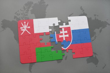 Umman ve Slovakya ulusal bayrak dünya harita arka plan üzerinde ile bulmaca.
