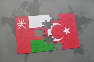 Türkiye Dünya harita arka plan üzerinde ve Umman bayrağı ile bulmaca.