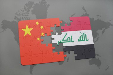 bir dünya haritası arka plan üzerinde Çin ve Irak ulusal bayrağı ile bulmaca.