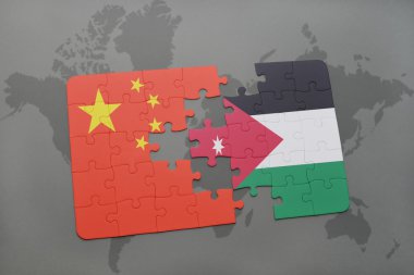 bir dünya haritası arka plan üzerinde Çin ve Ürdün ulusal bayrağı ile bulmaca.