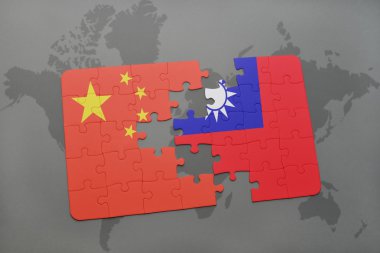 bir dünya haritası arka plan üzerinde Çin ve Tayvan ulusal bayrağı ile bulmaca.