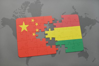 bir dünya haritası arka plan üzerinde Çin ve Bolivya ulusal bayrağı ile bulmaca.