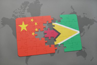 Çin ve guyana dünya harita arka plan üzerinde bayrağı ile bulmaca.