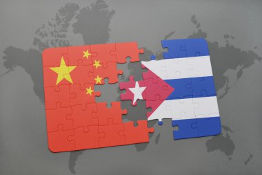 Dünya harita arka plan üzerinde Çin ve Küba Ulusal bayrakla bulmaca.