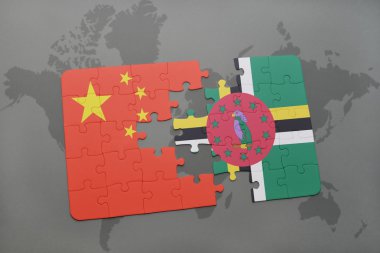 Çin ve Dominika bir dünya harita arka planda bayrağı ile bulmaca.