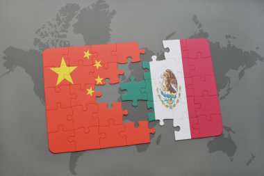 Dünya harita arka plan üzerinde Çin ve Meksika Ulusal bayrakla bulmaca.