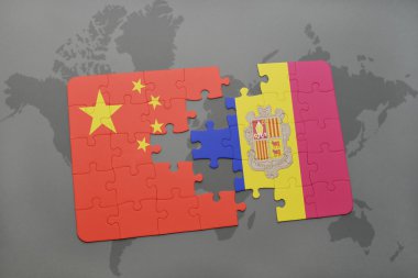 Dünya harita arka plan üzerinde Çin ve andorra bayrağı ulusal ile bulmaca.