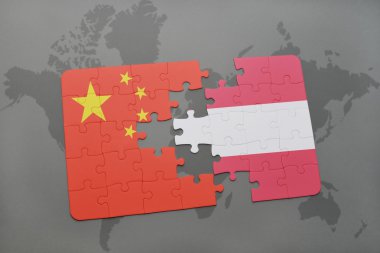 Dünya harita arka plan üzerinde Çin ve Avusturya bayrağı ulusal ile bulmaca.