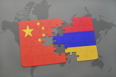 Dünya harita arka plan üzerinde Çin ve Ermenistan Ulusal bayrakla bulmaca.