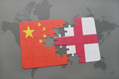 Çin ve İngiltere'de ulusal bayrak dünya harita arka plan üzerinde ile bulmaca.