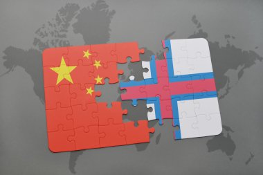 Dünya harita arka plan üzerinde Çin ve faroe Adaları Ulusal bayrakla bulmaca.