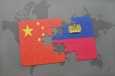 Dünya harita arka plan üzerinde Çin ve liechtenstein Ulusal bayrakla bulmaca.
