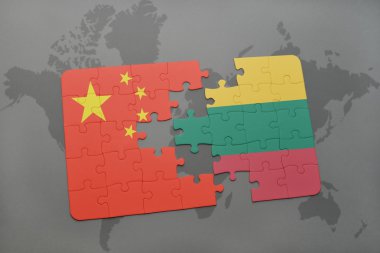 Dünya harita arka plan üzerinde Çin ve Litvanya Ulusal bayrakla bulmaca.