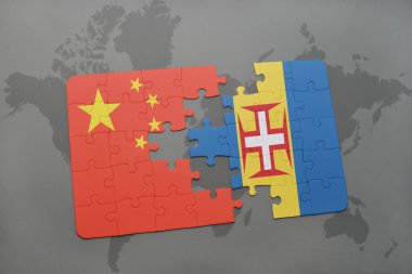 Çin ve madeira dünya harita arka plan üzerinde bayrağı ile bulmaca.