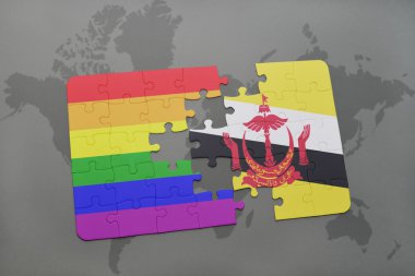 bir dünya haritası arka plan üzerinde brunei ve gay gökkuşağı bayrağı ulusal bayrağı ile bulmaca.
