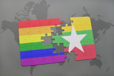 bir dünya haritası arka plan üzerinde myanmar ve eşcinsel gökkuşağı bayrağı ulusal bayrağı ile bulmaca.
