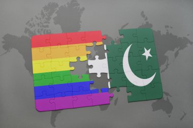 bir dünya haritası arka plan üzerinde pakistan ve eşcinsel gökkuşağı bayrağı ulusal bayrağı ile bulmaca.