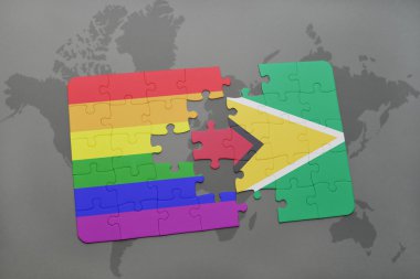 bir dünya haritası arka plan üzerinde guyana ve gay gökkuşağı bayrağı ulusal bayrağı ile bulmaca.