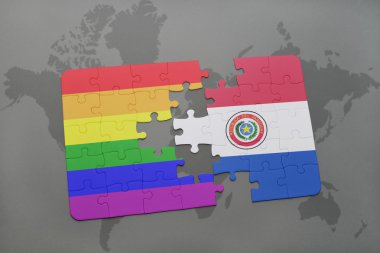 bir dünya haritası arka plan üzerinde paraguay ve eşcinsel gökkuşağı bayrağı ulusal bayrağı ile bulmaca.