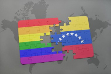 bir dünya haritası arka plan üzerinde venezuela ve eşcinsel gökkuşağı bayrağı ulusal bayrağı ile bulmaca.
