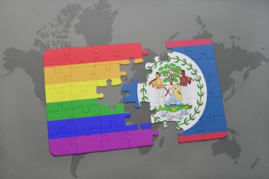 bir dünya haritası arka plan üzerinde belize ve gay gökkuşağı bayrağı ulusal bayrağı ile bulmaca.