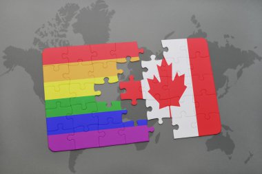 bir dünya haritası arka plan üzerinde kanada ve eşcinsel gökkuşağı bayrağı ulusal bayrağı ile bulmaca.
