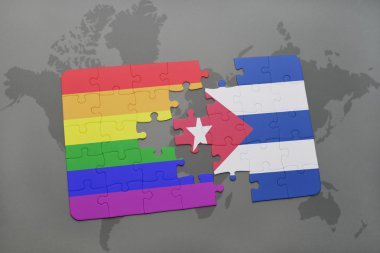 bir dünya haritası arka plan üzerinde küba ve eşcinsel gökkuşağı bayrağı ulusal bayrağı ile bulmaca.