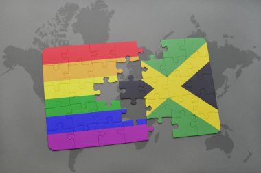 bir dünya haritası arka plan üzerinde jamaika ve gay gökkuşağı bayrağı ulusal bayrağı ile bulmaca.