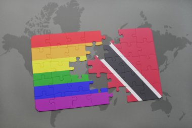 bir dünya haritası arka plan üzerinde trinidad ve tobago ve gay gökkuşağı bayrağı ulusal bayrağı ile bulmaca.