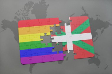 bir dünya haritası arka plan üzerinde bask ülke ve eşcinsel gökkuşağı bayrağı ulusal bayrağı ile bulmaca.