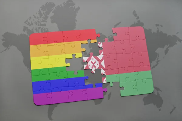 Puzzle with the national flag of belarus and gay rainbow flag on a world map background. — Stock Photo, Image