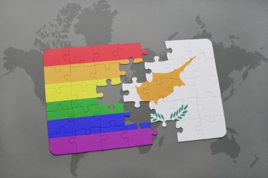 bir dünya haritası arka plan üzerinde kıbrıs ve gay gökkuşağı bayrağı ulusal bayrağı ile bulmaca.